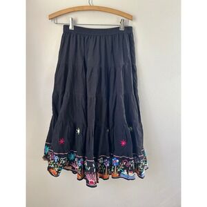 Black Tiered Maxi Skirt Floral Embroidery Elastic Waist Bohemian Boho Women's M